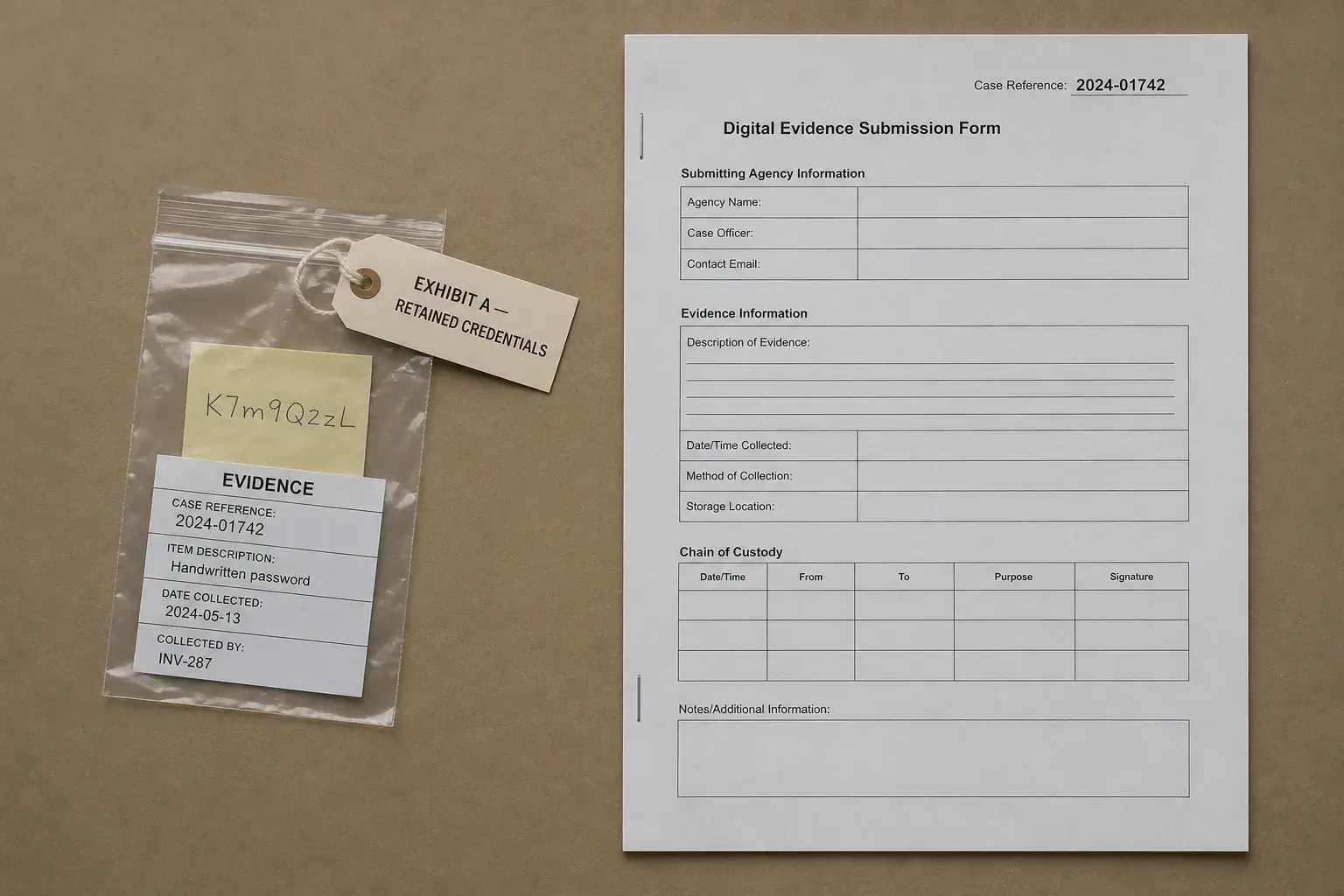 A sealed evidence bag containing a handwritten password note, placed beside an official Bureau form on a plain surface.